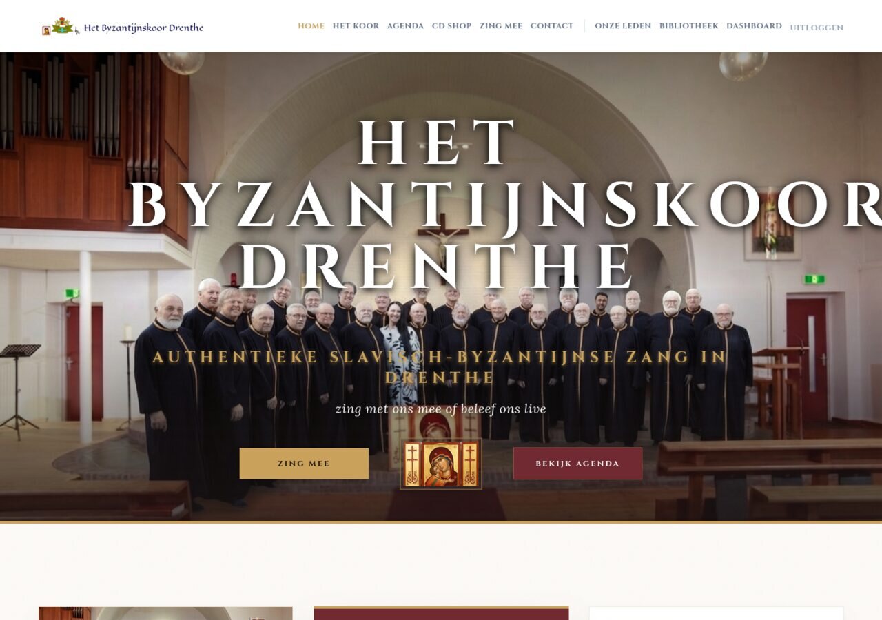 Homepage van byzantijnskoordrenthe.nl: koor in de kerk, titel Het Byzantijns Koor Drenthe